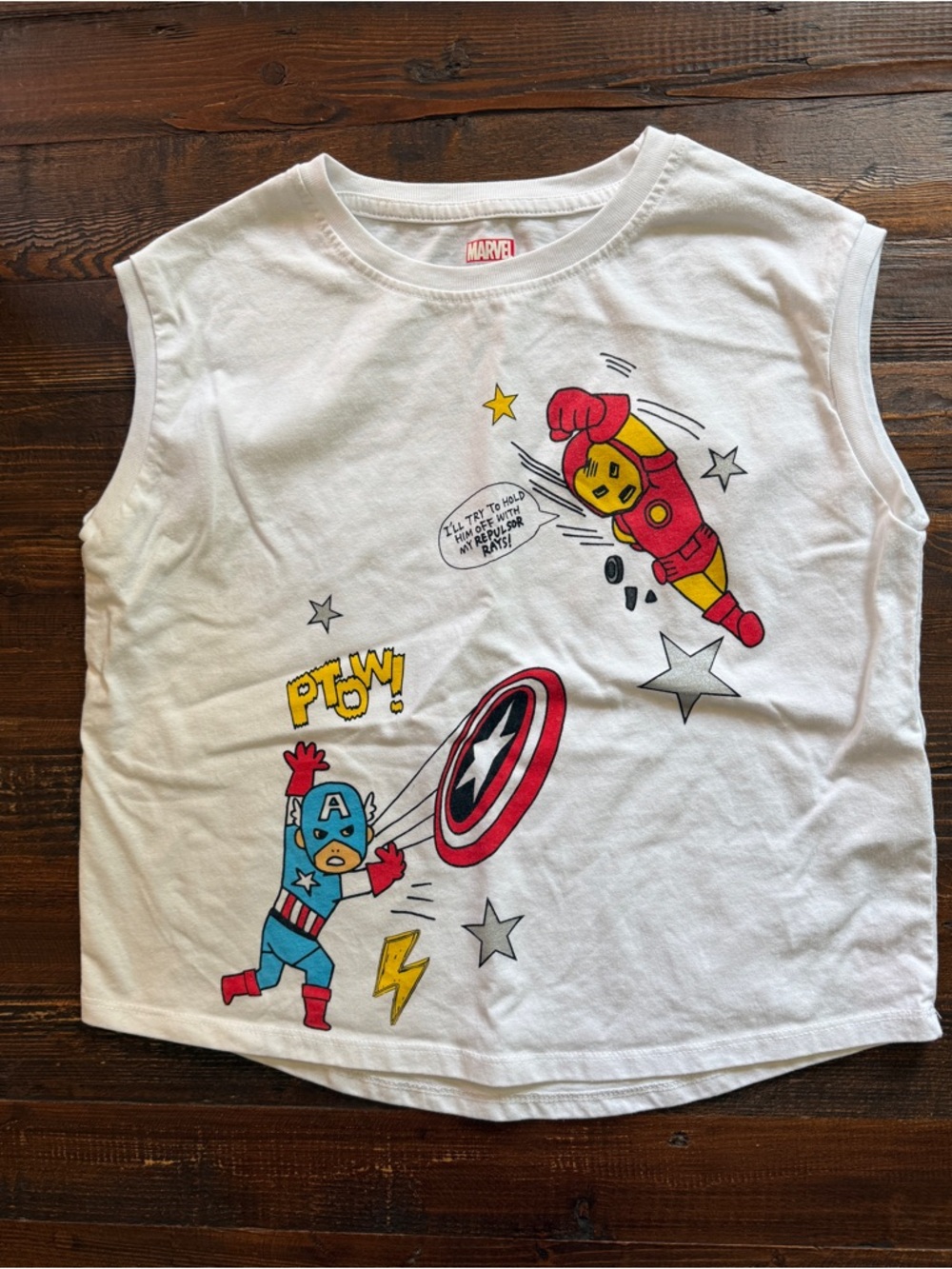 Marvel White Tank Top with Captain America & Iron Man Graphic Sz 9/10